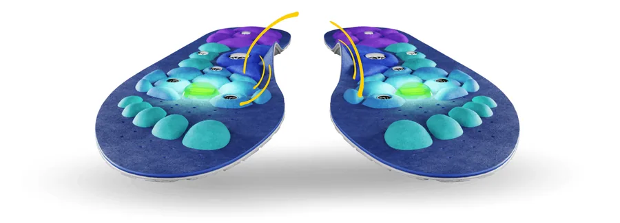 A pair of Akusoli insoles shown from above, with the acupressure and arch zones visible