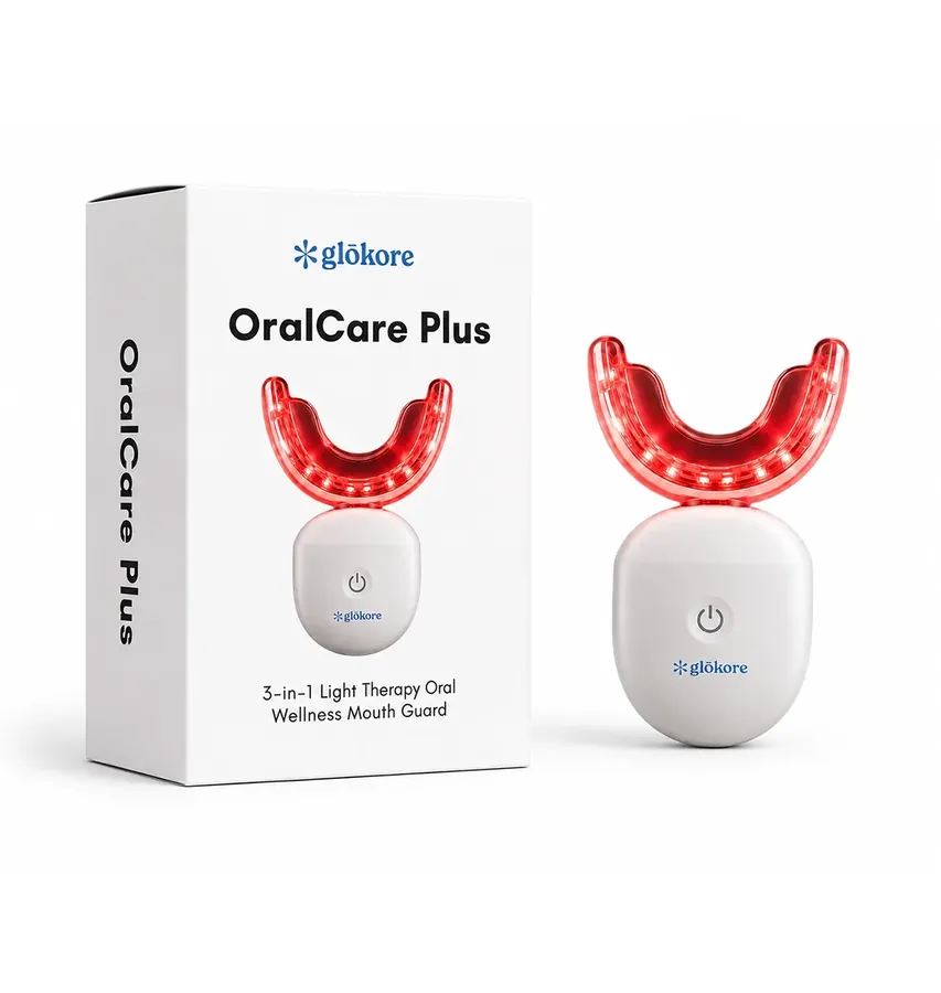 Glokore OralCare Plus device shown with its retail packaging