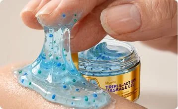 Kinzeno massage gel showing its suspended microbubble texture as it's massaged into skin