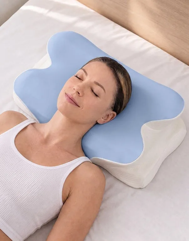Woman sleeping on her back on the Melara Max cervical pillow