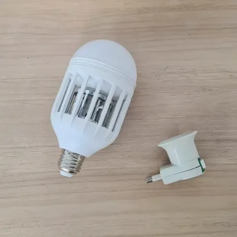 Mosqinux Killamp bulb shown alongside its screw-base-to-wall-socket adapter