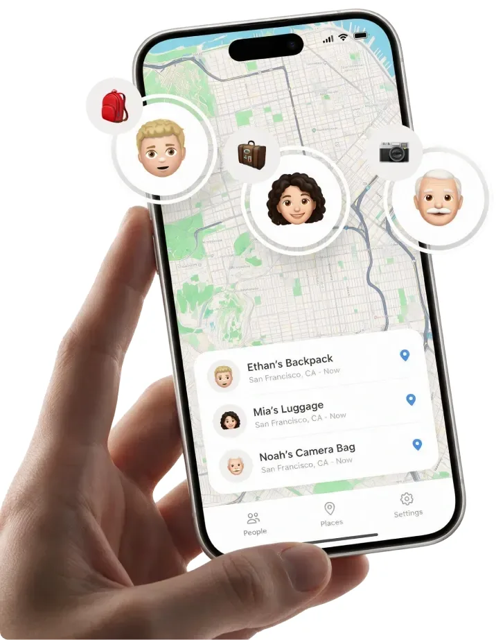 Find My-style app open on a phone, showing tracked items and their last known locations
