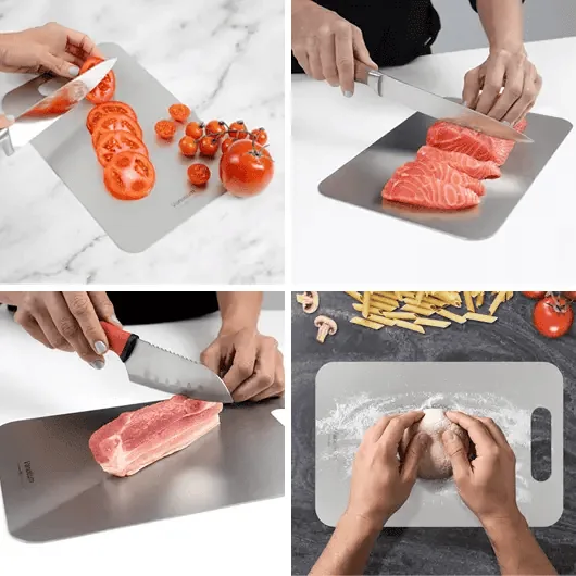 Vanotium cutting board being used to slice tomatoes, salmon, meat, and dough