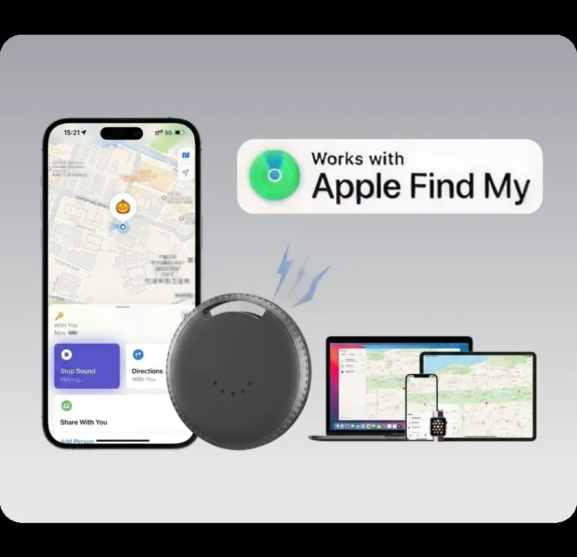 VOYGE Tag paired with Apple Find My across a phone, laptop, tablet, and Apple Watch